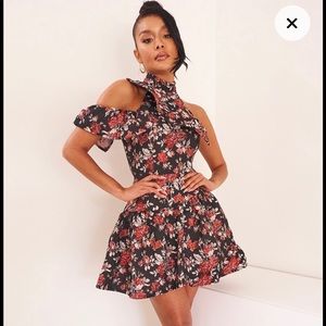 Black High Neck Jacquard Frill Dress (Not Worn)